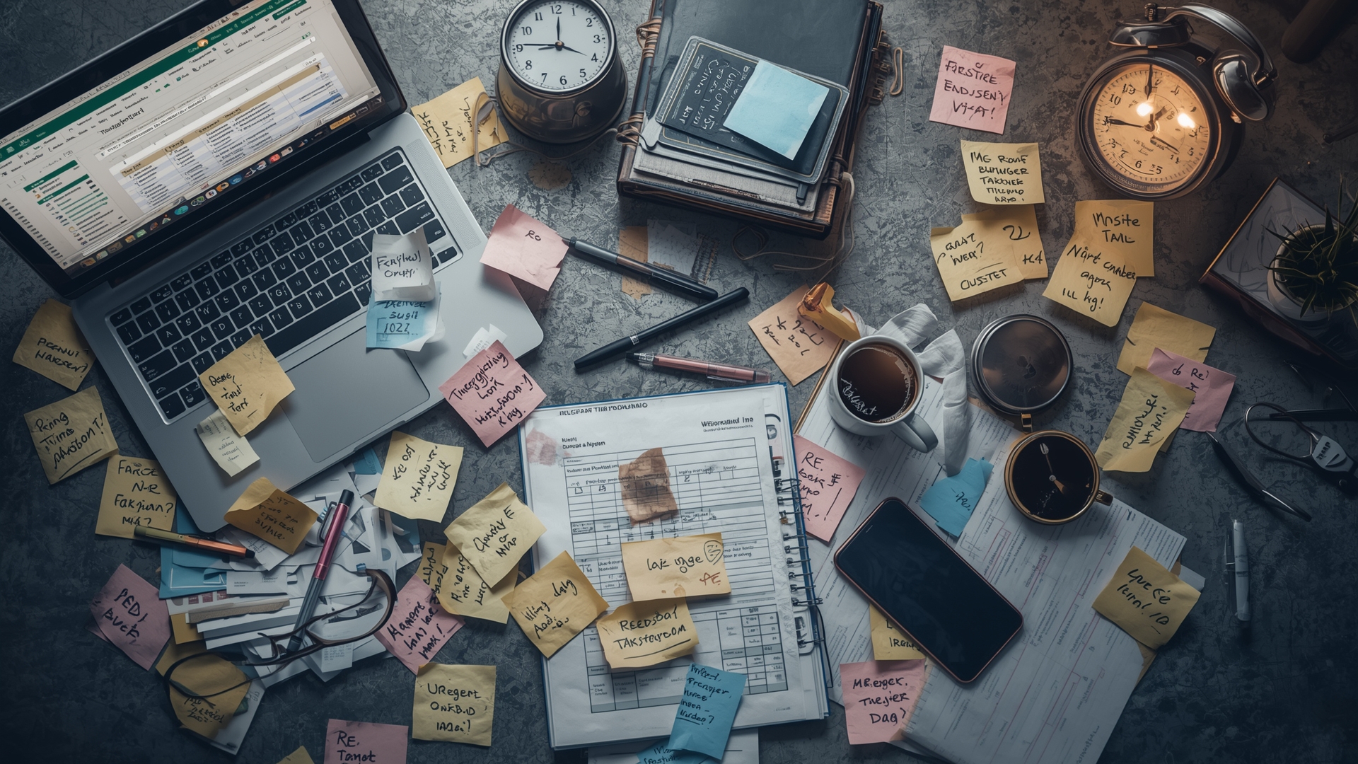 Kaotisk kontorpult med Post-it lapper og Excel-kaos